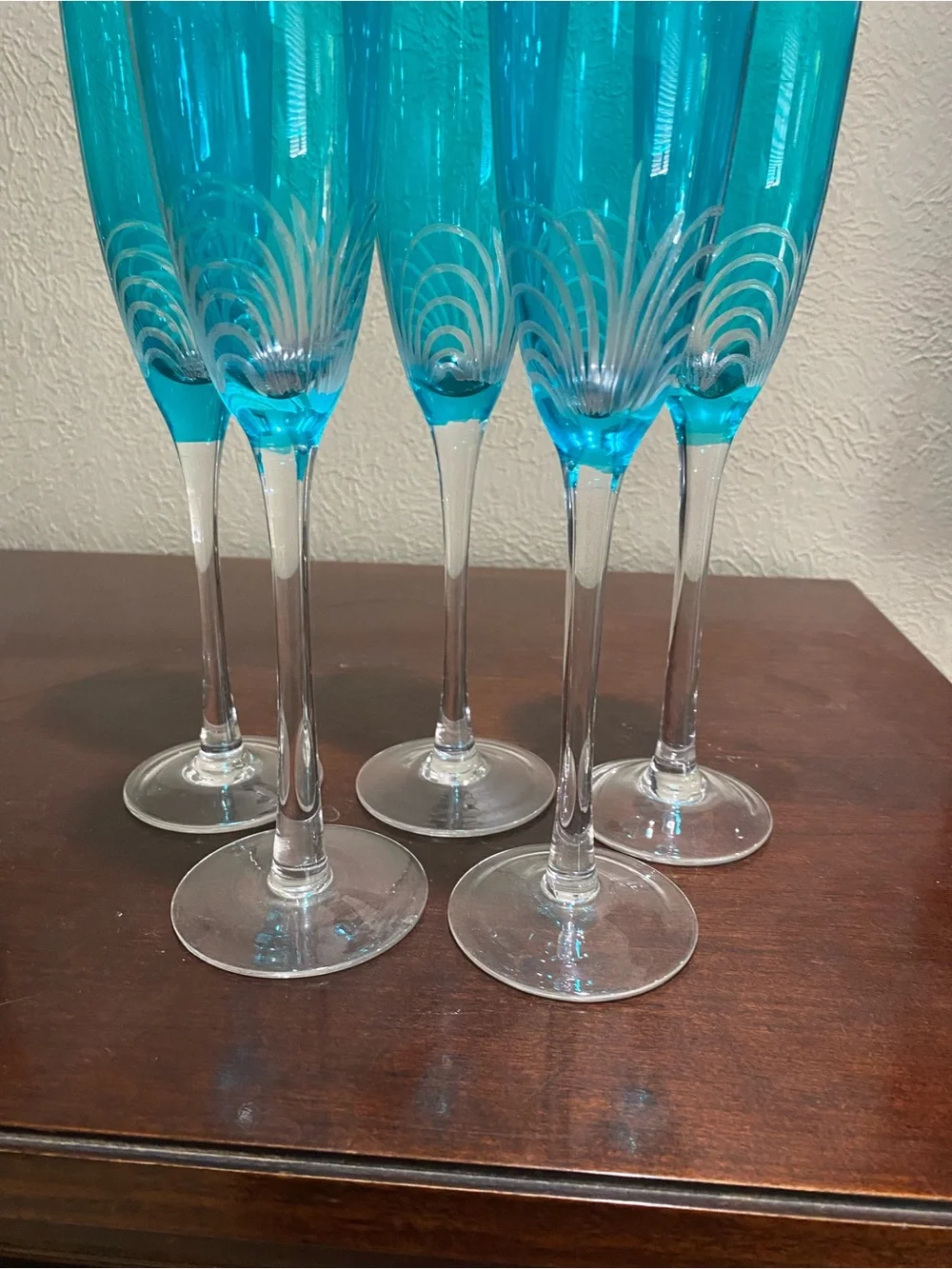 Vintage, Set of 5, Pier 1, Pavo Aqua Crystal Champagne Glasses